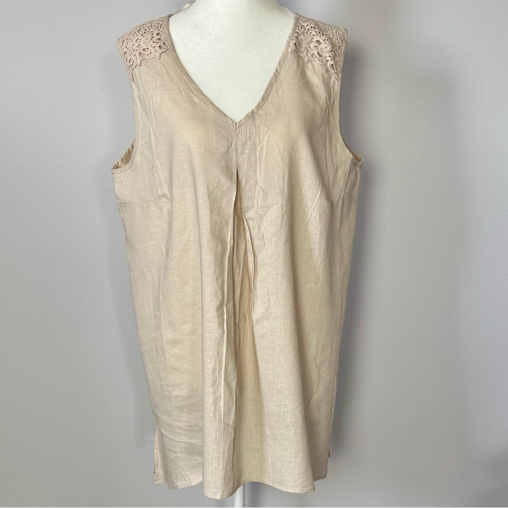 NWT Sleeveless Beige V-Neck Linen Tunic with Lace Shoulders
